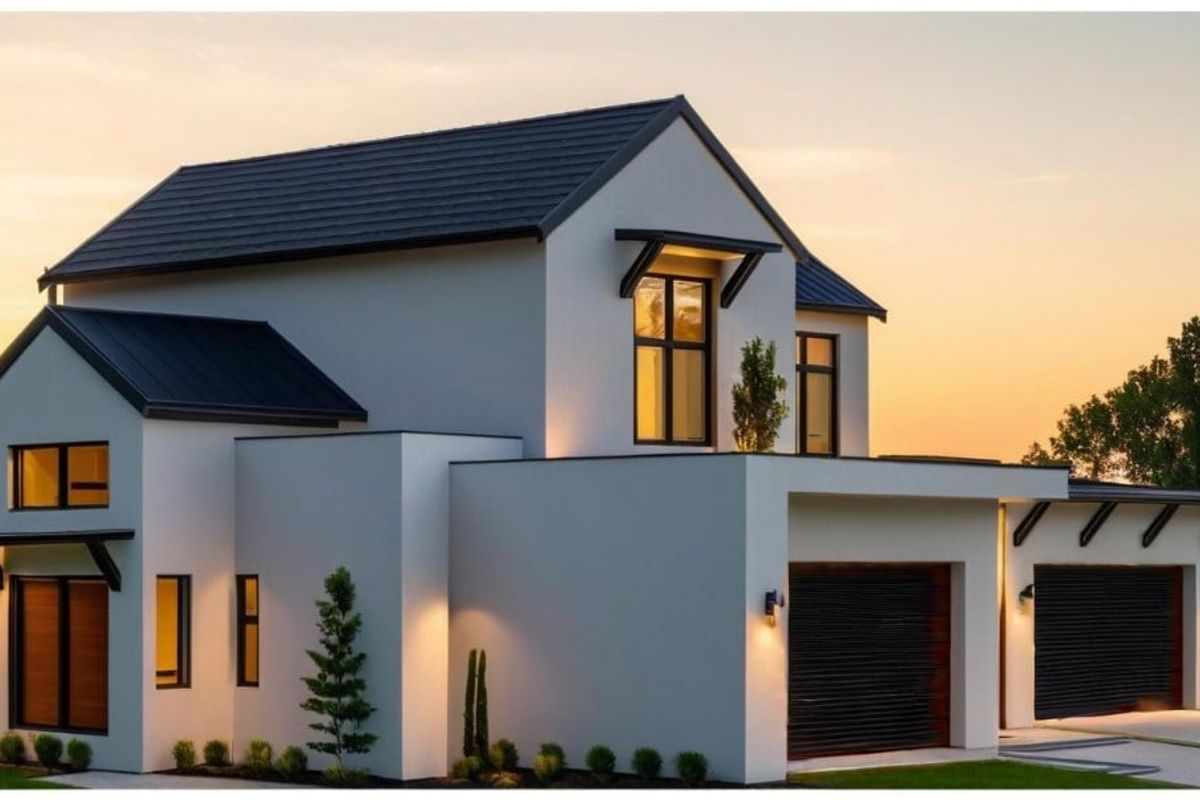 A modern two-story residential home featuring a double garage, clean architectural lines, and a balcony, set against a sunset backdrop.