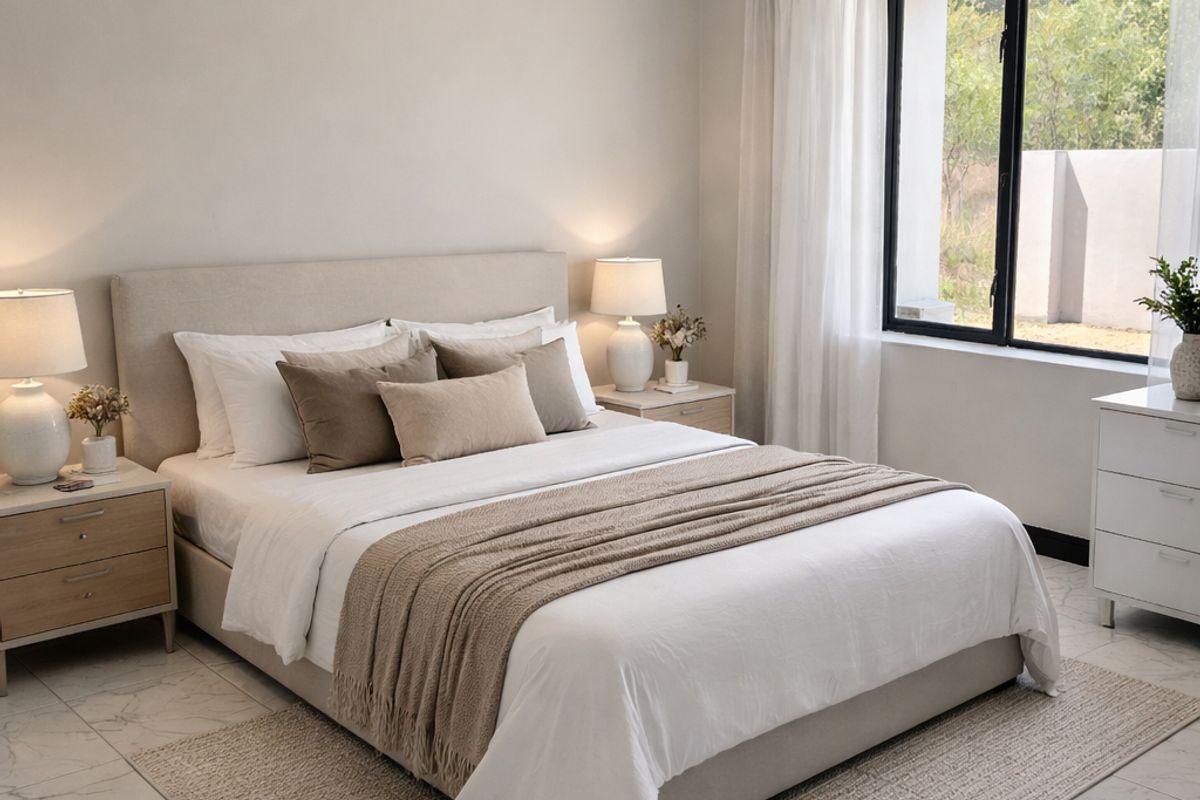A bright and modern bedroom featuring polished marble-look floor tiles, recessed downlighting, and a large black-framed window with natural light.