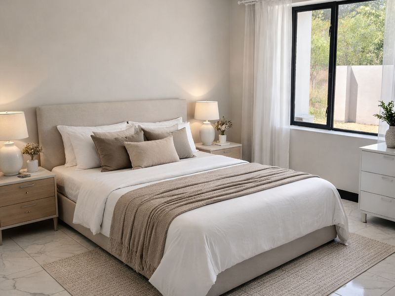 A bright and modern bedroom featuring polished marble-look floor tiles, recessed downlighting, and a large black-framed window with natural light.