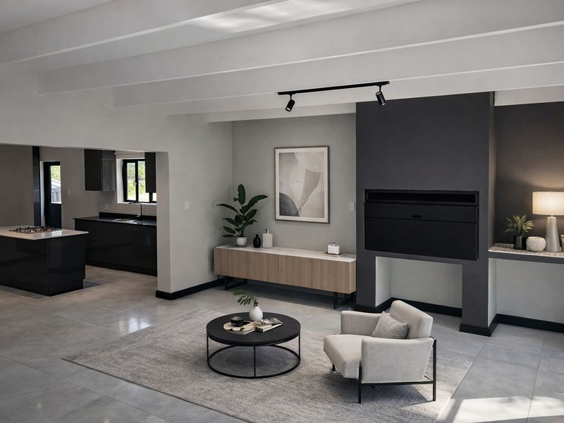 Modern open-plan living area featuring a sleek kitchen with island and a contemporary built-in fireplace, finished with neutral tones and tiled flooring.