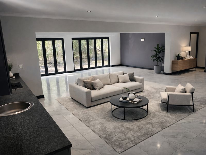 Spacious open-plan living area featuring modern tiled flooring, recessed lighting, and large bi-fold doors providing seamless access to the outdoor space.