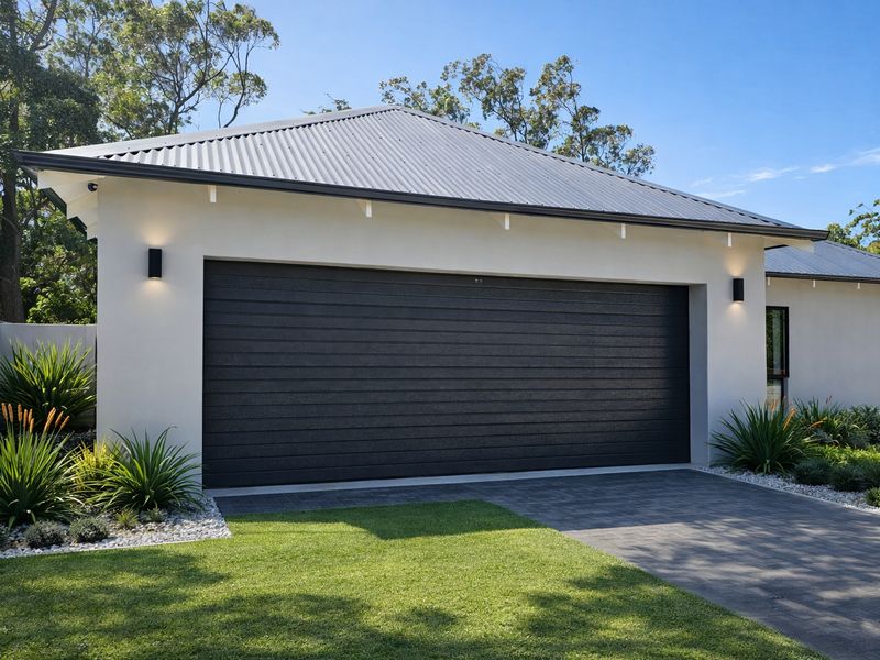A modern double garage featuring a dark sectional door, rendered exterior walls, and a corrugated metal roof, set within a well-maintained landscaped garden.