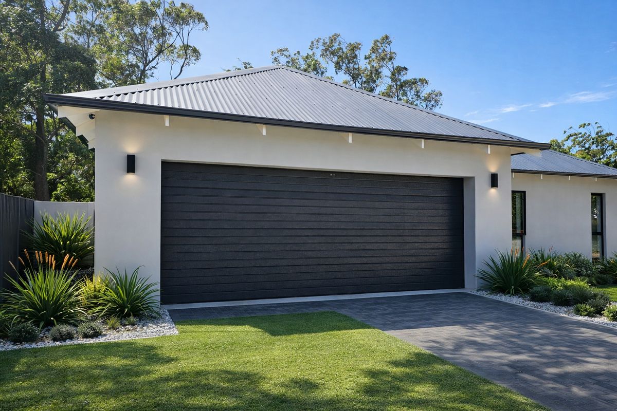 A modern double garage featuring a dark sectional door, rendered exterior walls, and a corrugated metal roof, set within a well-maintained landscaped garden.