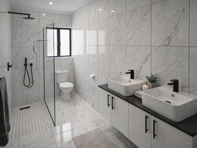 Modern, renovated bathroom featuring a double vanity with black tapware, marble-look tiling throughout, and a spacious walk-in shower with a glass screen.