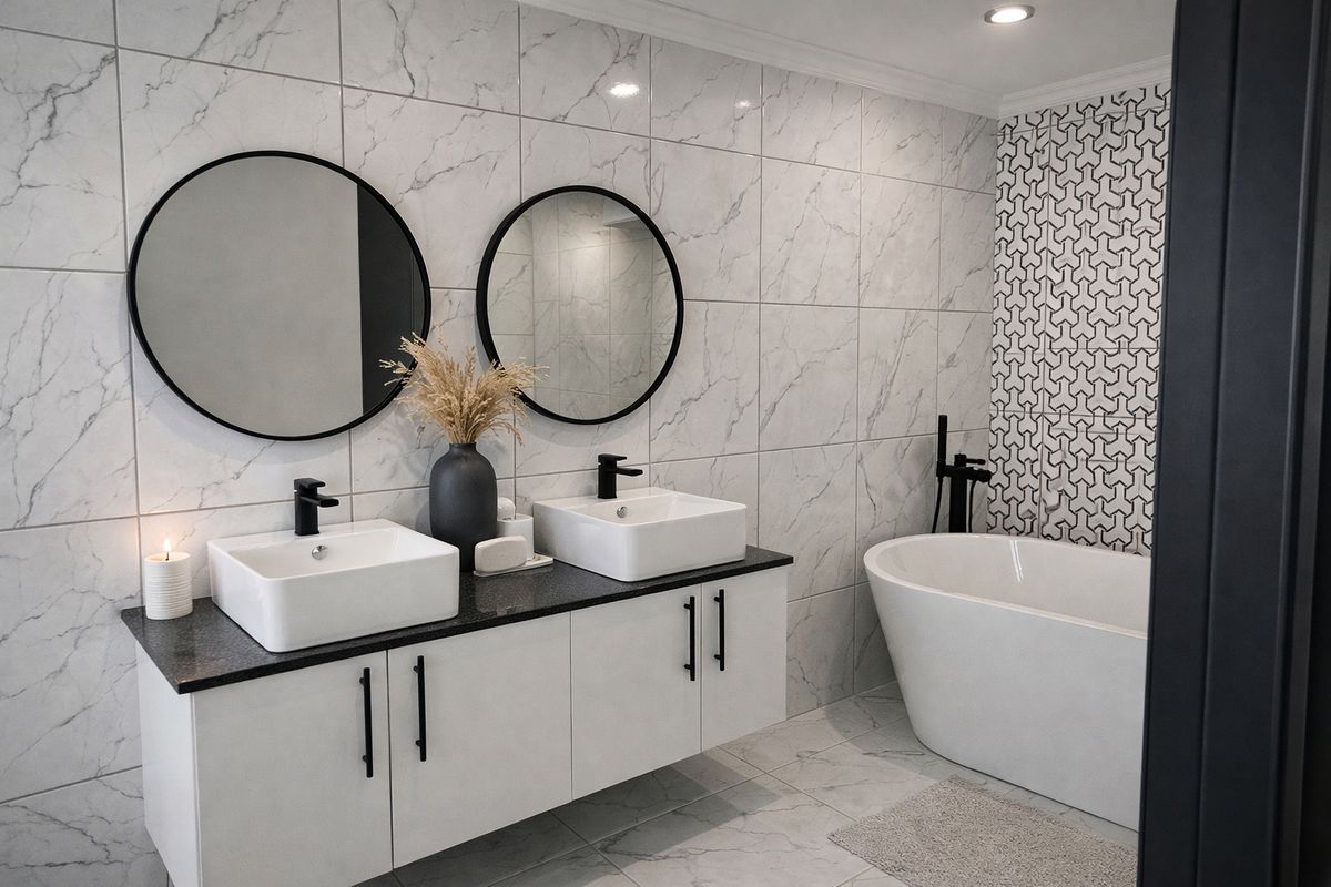 Modern bathroom featuring a double vanity with vessel sinks, a sleek freestanding bathtub, and contemporary marble-look wall tiling with a geometric feature wall.