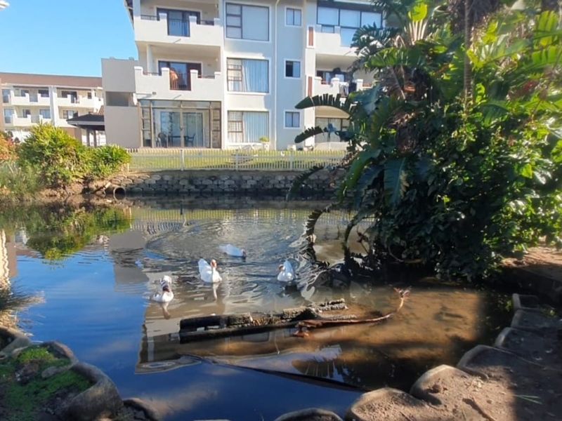 A view of the rear exterior of the apartment complex featuring a landscaped pond area with a stone retaining wall and white picket fencing.