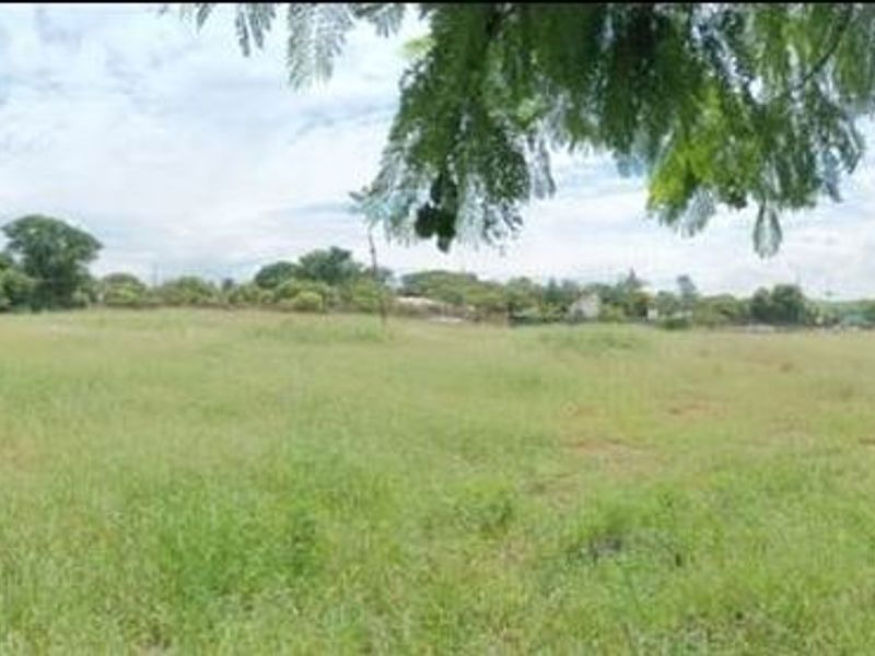 A wide panoramic view of a vacant residential plot enclosed by metal perimeter fencing, featuring open grassed land.