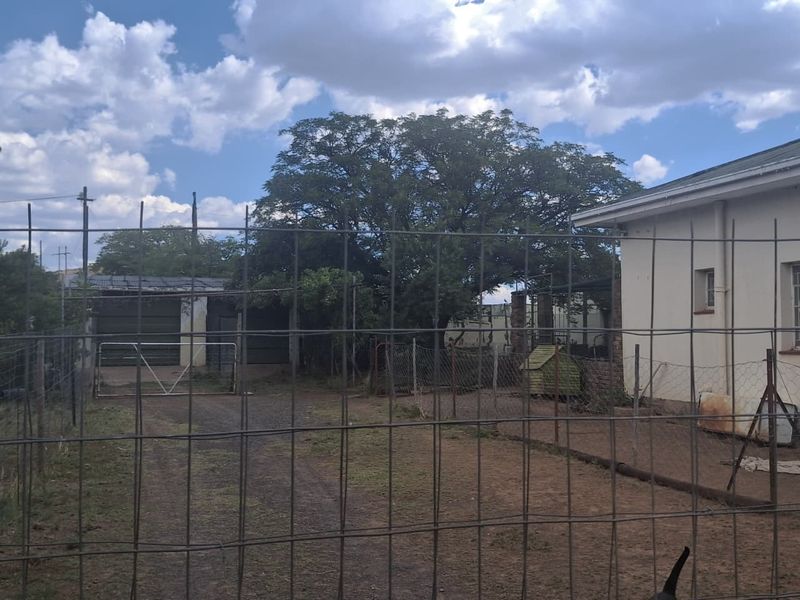 Rear exterior view of the property featuring a large yard, mature trees, and detached garage structures enclosed by wire fencing.