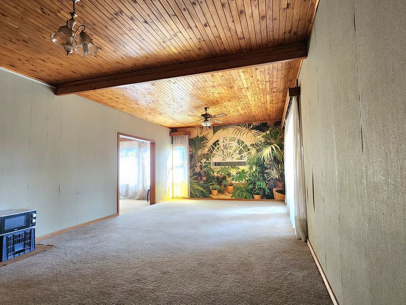 Spacious living area featuring a timber tongue and groove ceiling, ceiling fan, and a decorative wall mural, offering a blank canvas for renovation.