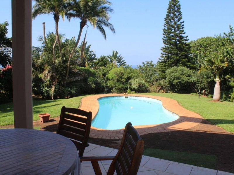 A view from a covered patio overlooking a swimming pool set within a lush, landscaped garden.