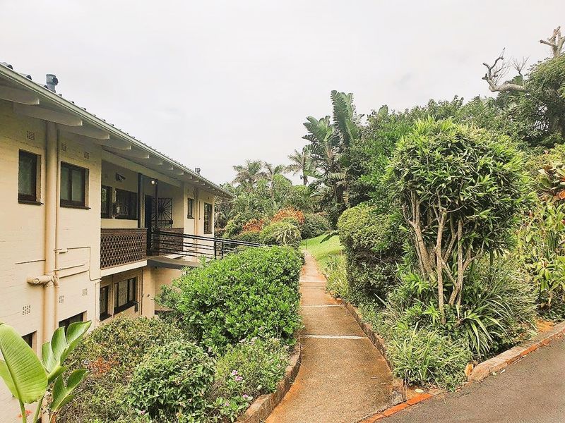 A view of the apartment building exterior featuring a concrete walkway leading through a lush, established garden area.