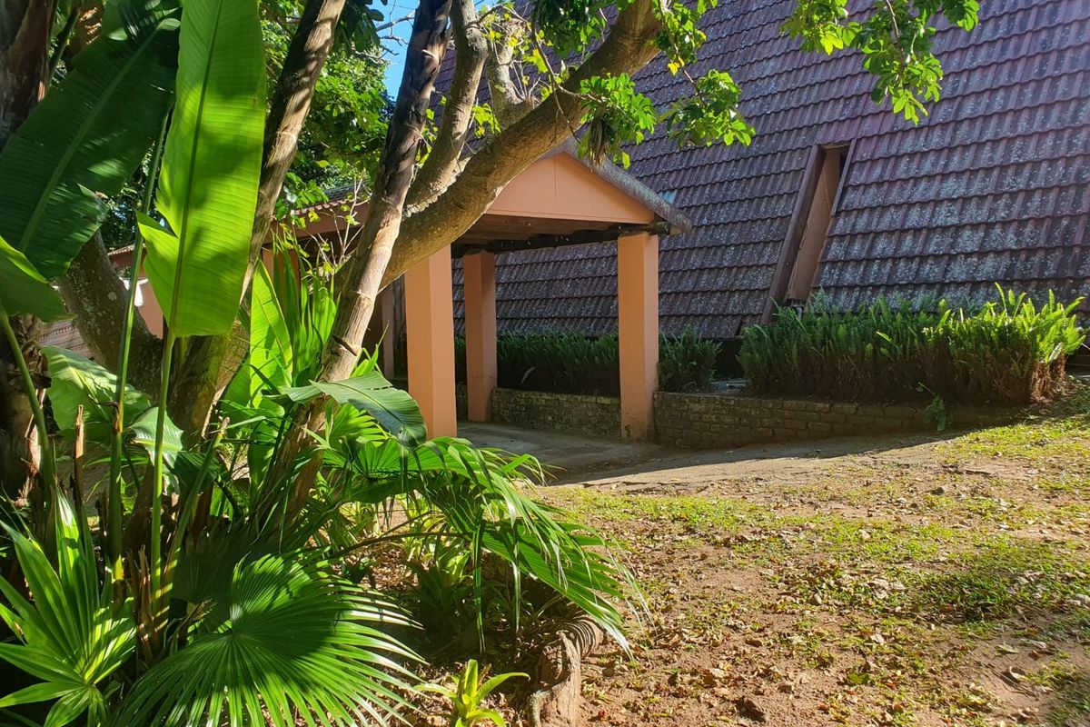 A view of the rear exterior area featuring a covered walkway, tiled roof structure, and established garden surroundings.