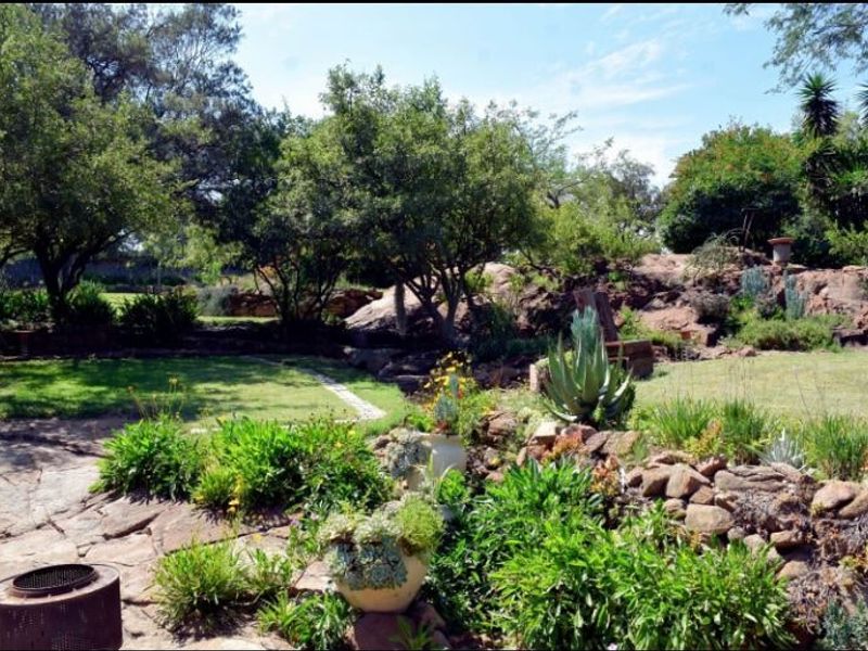 A well-established garden featuring mature trees, stone retaining walls, and natural rockery elements, creating a serene and landscaped outdoor environment.