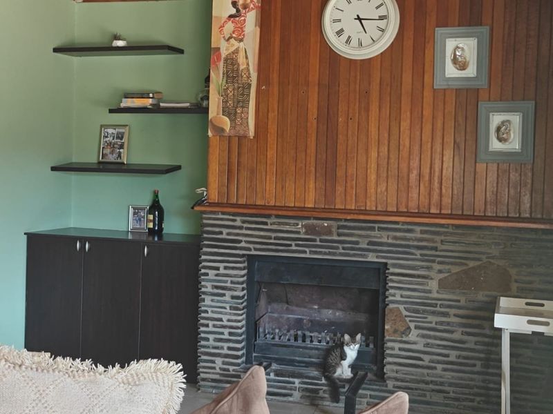 Living room featuring a prominent stone fireplace, timber wall paneling, and built-in cabinetry with floating shelving.