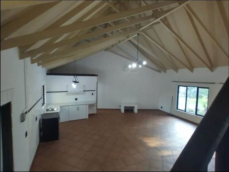 Spacious open-plan living area featuring a high vaulted ceiling with exposed timber rafters, terracotta tiled flooring, and a functional kitchen corner.