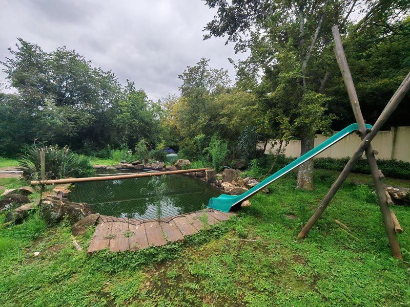 A natural-style swimming pool area featuring rock landscaping, a safety net, and wooden decking, set within a mature, tree-lined garden.