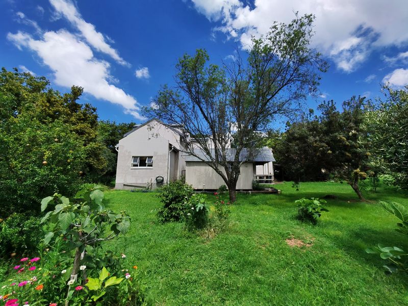 Rear view of the residential property featuring a garden, mature trees, and a combination of plastered masonry and timber-clad exterior walls.