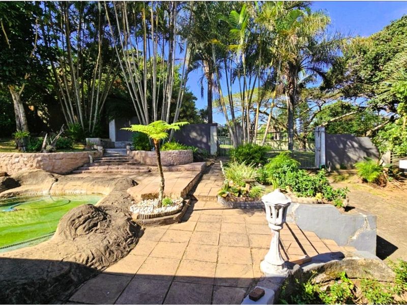 Outdoor pool area featuring a rock-feature swimming pool, paved patio, and established garden with stone retaining walls and boundary fencing.