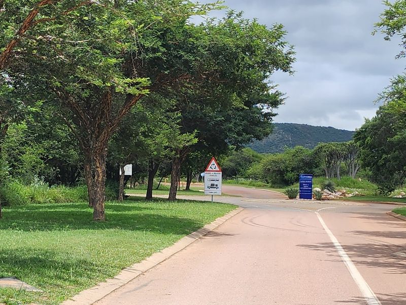 A view of the paved access road and surrounding landscaped greenery within the residential estate.