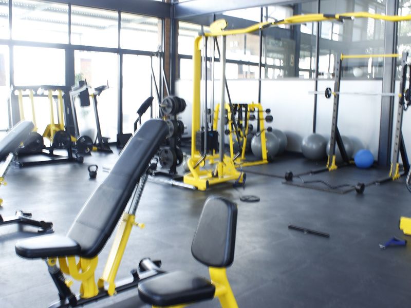 A well-equipped gym facility featuring durable rubberized flooring, large windows for natural light, and a variety of fixed strength training equipment.