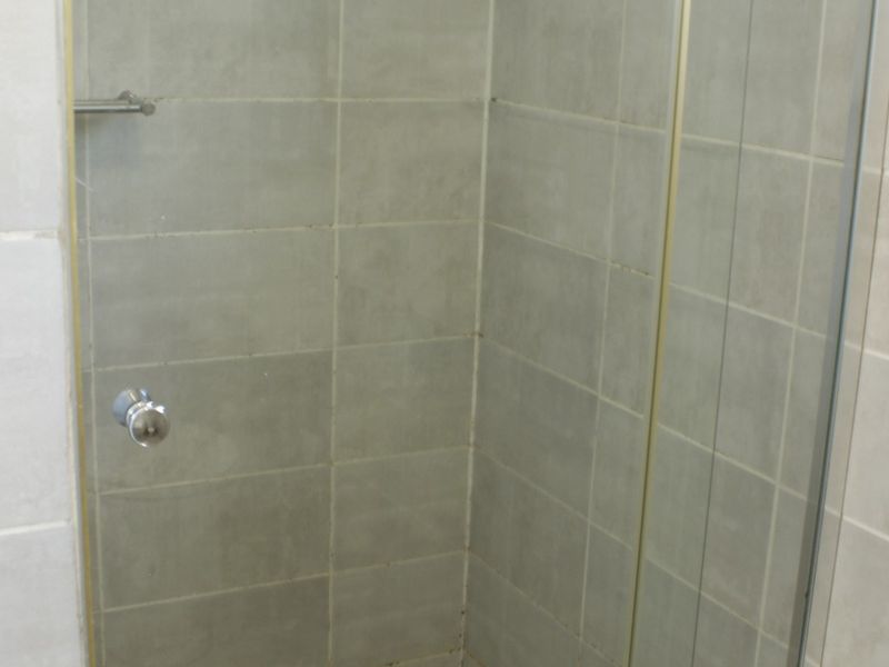 A functional shower stall featuring grey wall tiles, a tiled floor, and a glass enclosure with a window for natural light.