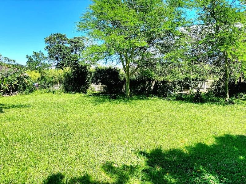 A spacious, well-established garden featuring a large lawn area surrounded by mature trees and boundary fencing.