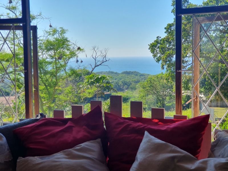 A scenic view of the ocean and lush greenery framed by open casement windows with security bars.