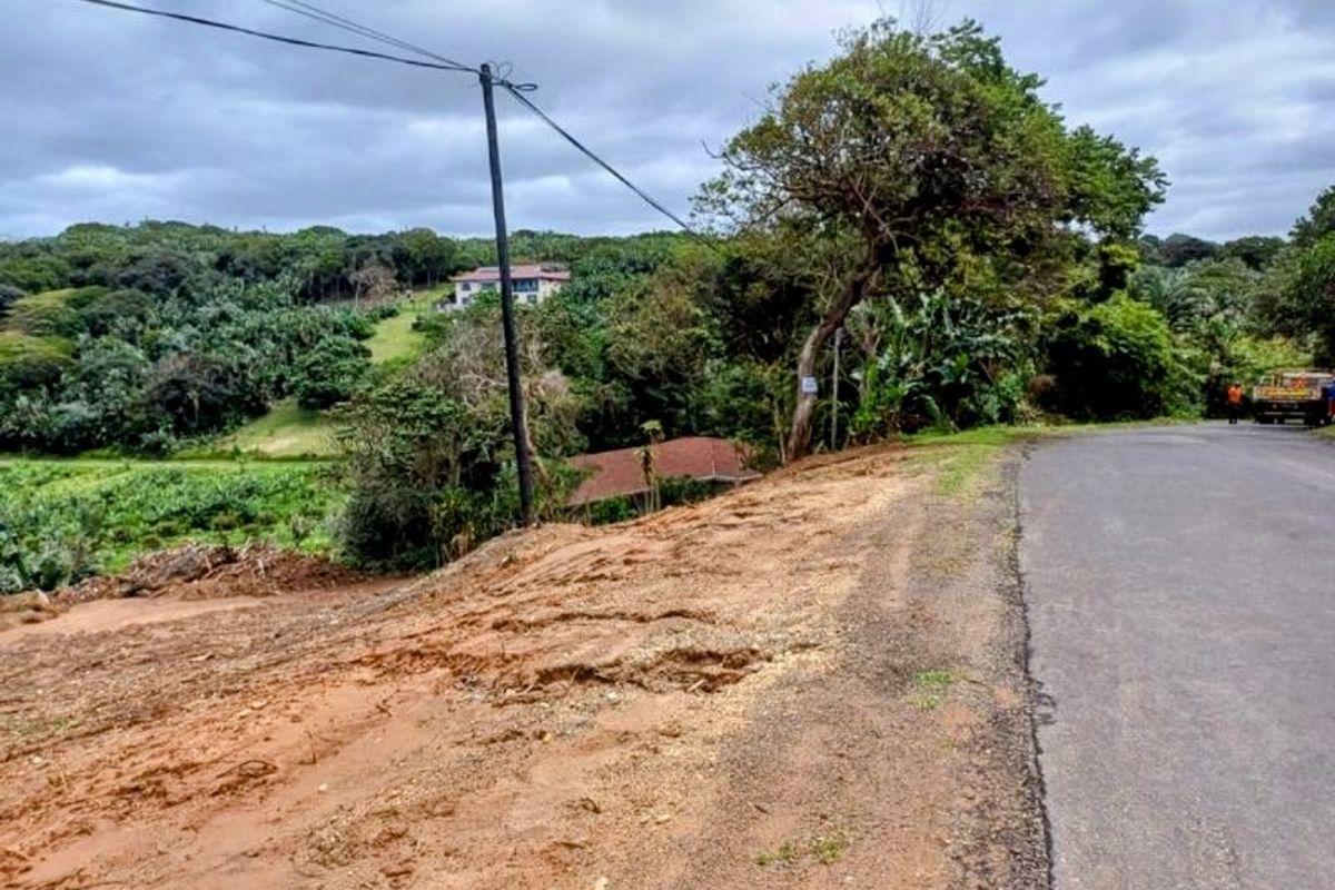 A view of the vacant residential land plot adjacent to an asphalt road, featuring sloping terrain and surrounding natural vegetation.