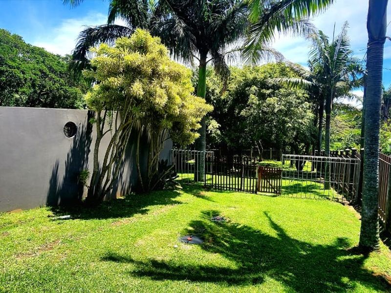A well-maintained private garden area featuring a solid boundary wall, metal perimeter fencing, and mature trees, providing a secure outdoor space.