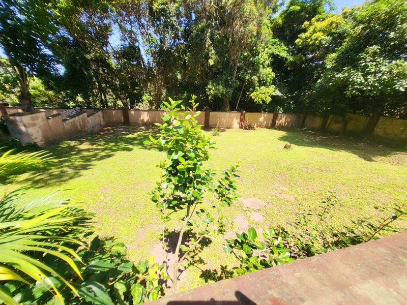 A spacious, private backyard garden featuring a large lawn area enclosed by a perimeter boundary wall with mature trees in the background.