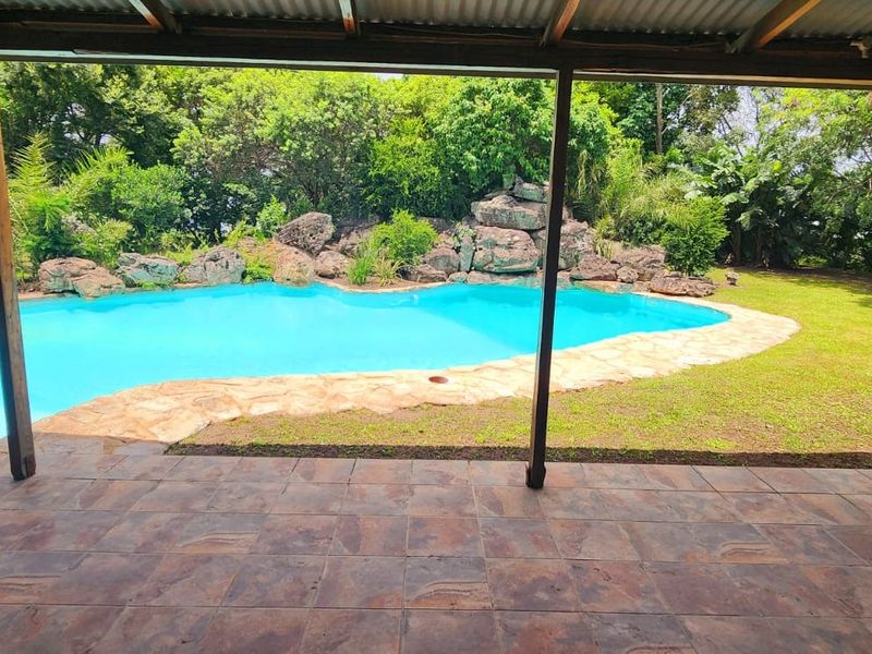 A covered patio overlooking a swimming pool with natural rock landscaping and a lush garden setting.