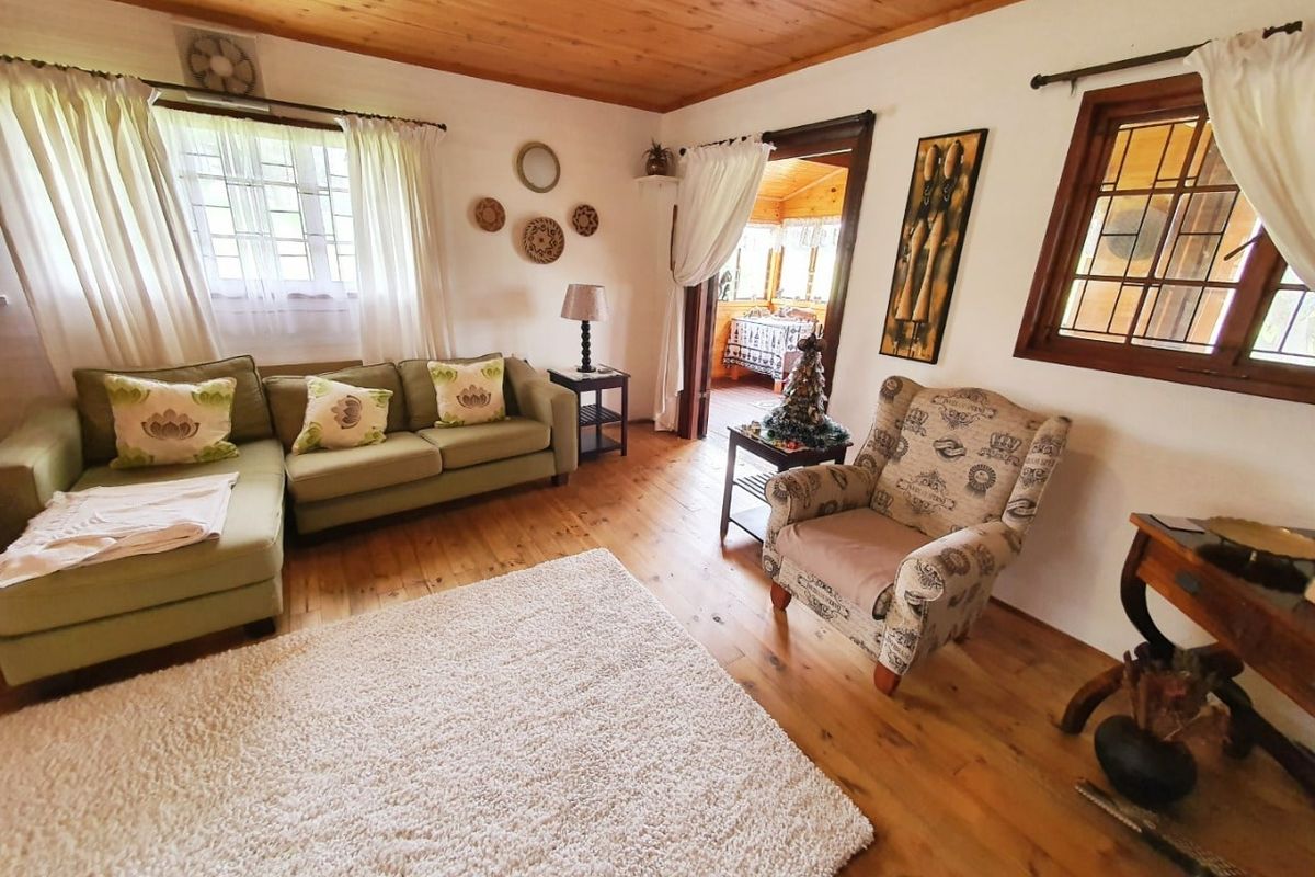 A cozy living room featuring warm timber flooring and a matching timber ceiling, with natural light entering through timber-framed windows.