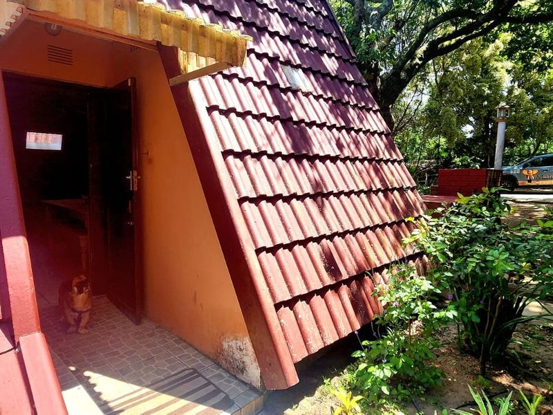 Exterior view of an A-frame townhouse entrance featuring a tiled roof, covered entryway, and surrounding garden area.