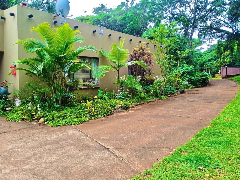 A view of the townhouse exterior featuring a concrete driveway, landscaped garden beds, and mature trees surrounding the property facade.