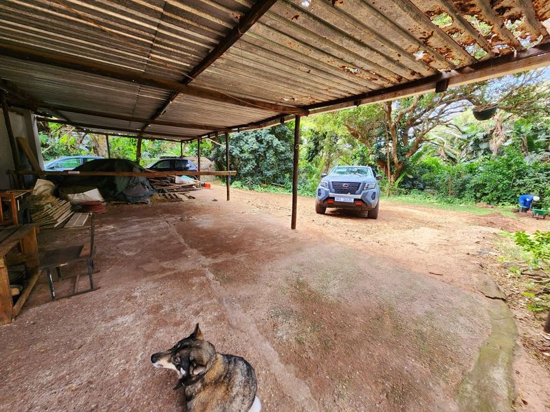 An open-sided farm garage or carport structure featuring a corrugated metal roof and concrete flooring, set within a rural garden environment.