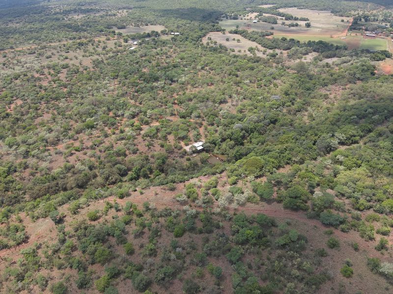 An aerial view of the expansive farm property, showcasing the natural landscape, dense vegetation, and surrounding rural terrain.