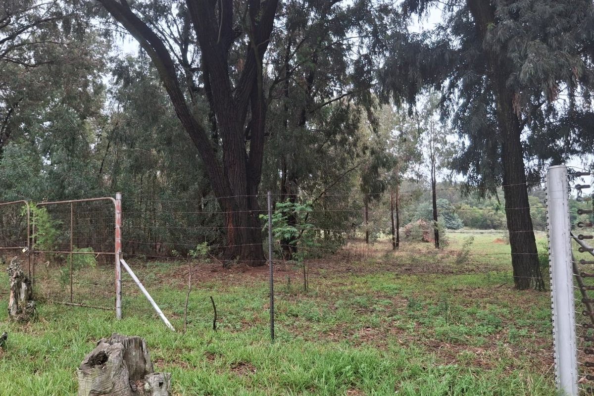 A view of a vacant residential plot featuring mature trees, wire fencing, and an electric security fence.