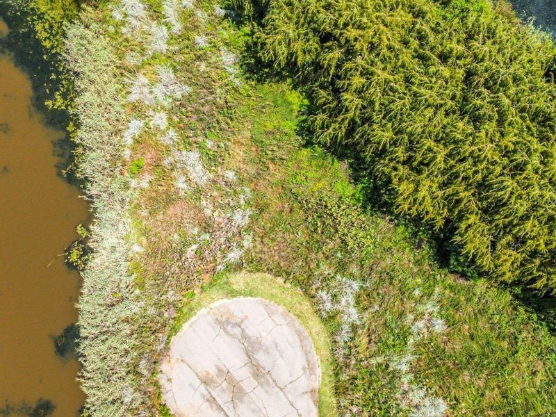 Aerial view of a vacant residential plot featuring a cracked concrete pad situated alongside a natural water body and dense vegetation.