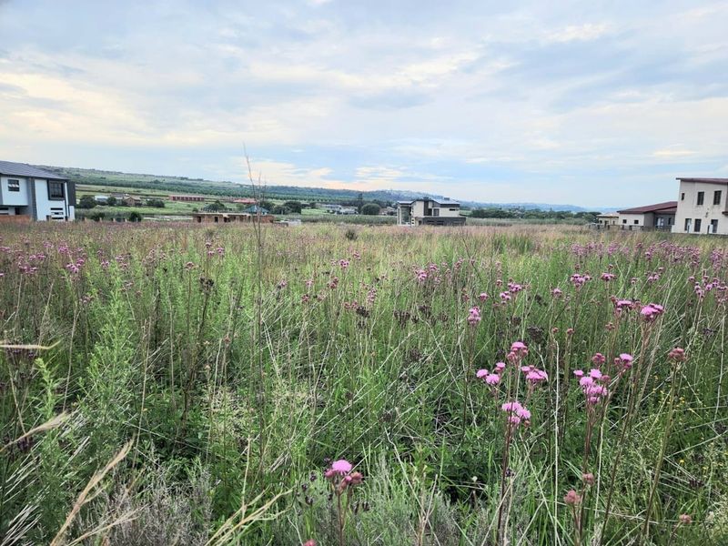 A wide-angle view of a vacant residential plot featuring natural vegetation with surrounding residential developments in the distance.