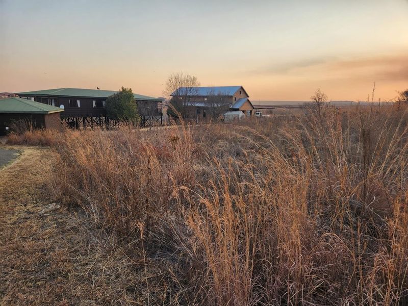 A view of the rear of the property featuring timber structures on stilts set within a large, undeveloped grassy landscape at sunset.