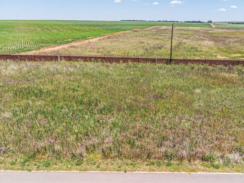 An aerial view of a vacant residential plot featuring natural vegetation, a brick boundary wall, and an existing utility pole.
