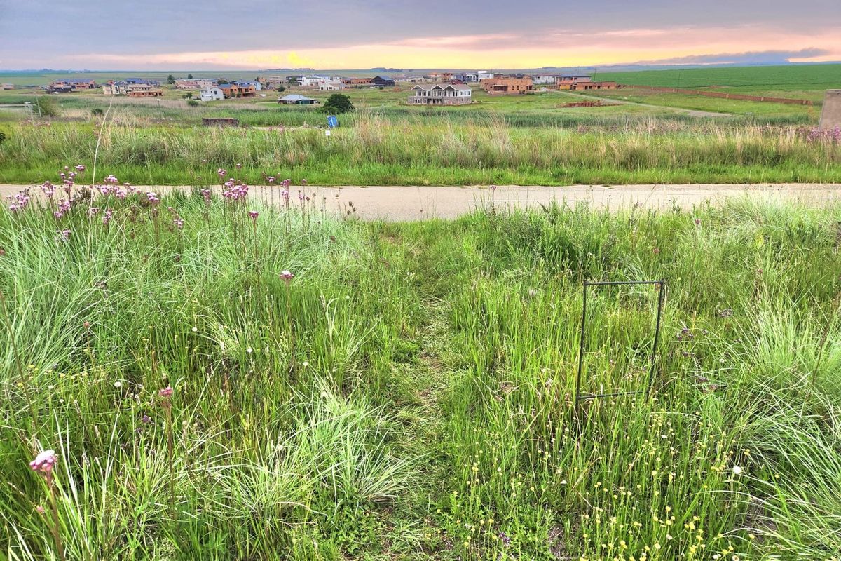 A view of an undeveloped residential plot featuring natural grassland with surrounding estate development visible in the distance.