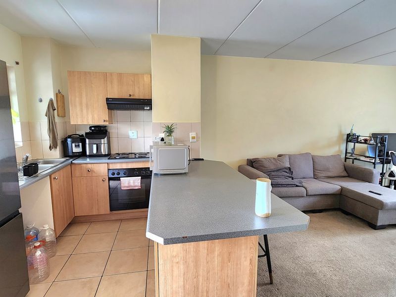 Open-plan living area featuring a functional kitchen with built-in cabinetry, gas hob, oven, and breakfast counter, seamlessly flowing into the carpeted lounge space.