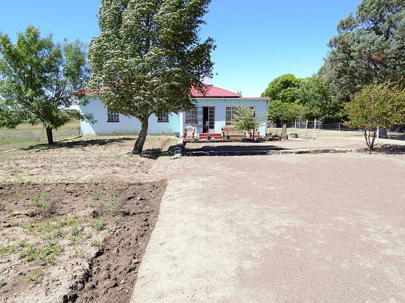 Rear view of the house featuring a simple facade, corrugated roof, and a large, undeveloped garden space.