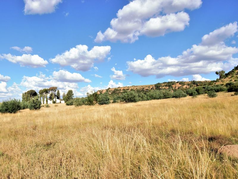 A wide-angle view of a vacant residential plot featuring natural dry grass, scattered shrubs, and a hilly landscape backdrop under a clear blue sky.