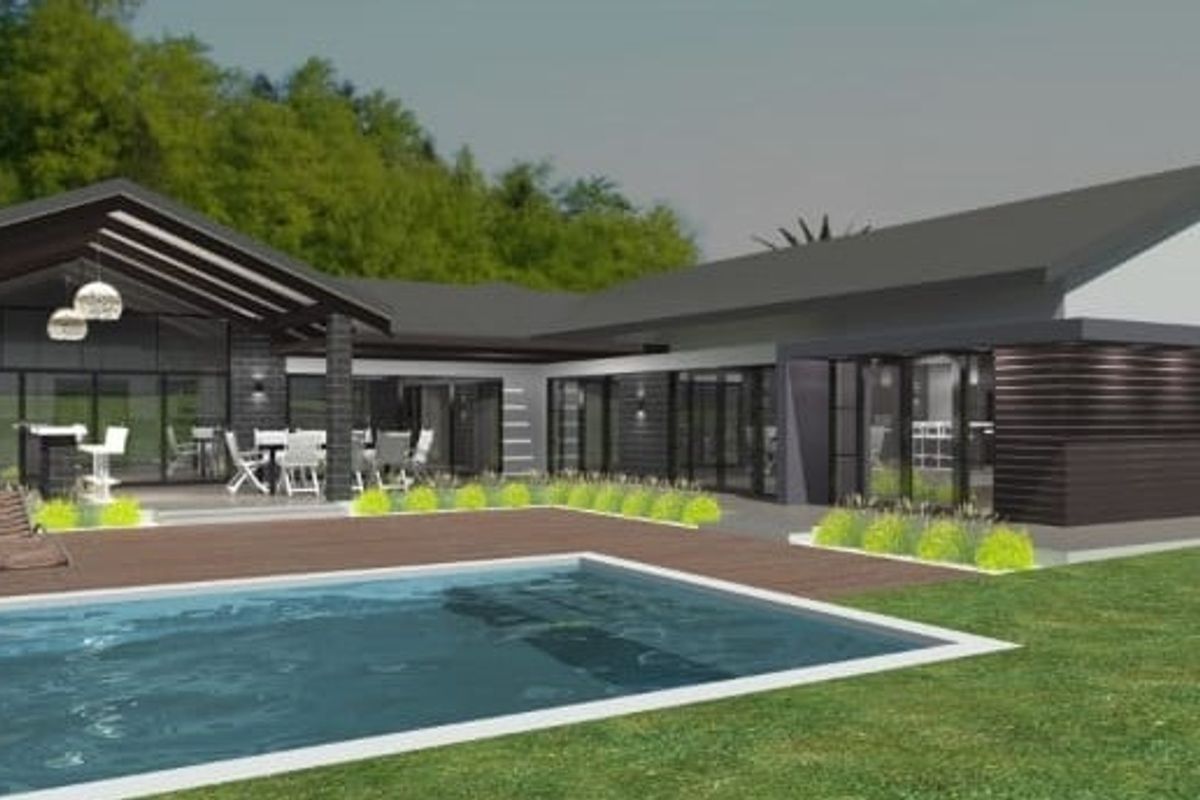 A modern architectural rendering of a rear exterior featuring a swimming pool, expansive timber decking, and a covered patio area with large glass sliding doors.