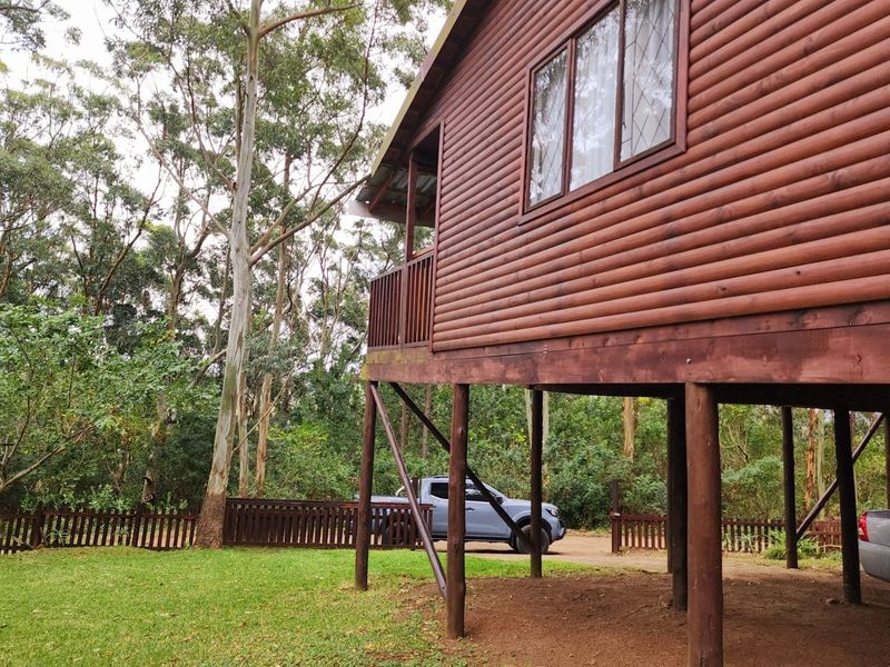 A raised timber log cabin townhouse featuring a balcony deck, supported by wooden stilts, set within a natural wooded garden environment.