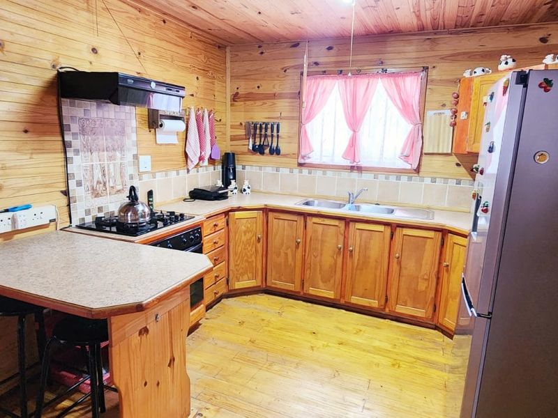A rustic kitchen featuring timber wall and ceiling cladding, wooden cabinetry, laminate countertops, and a gas hob with an extractor fan.