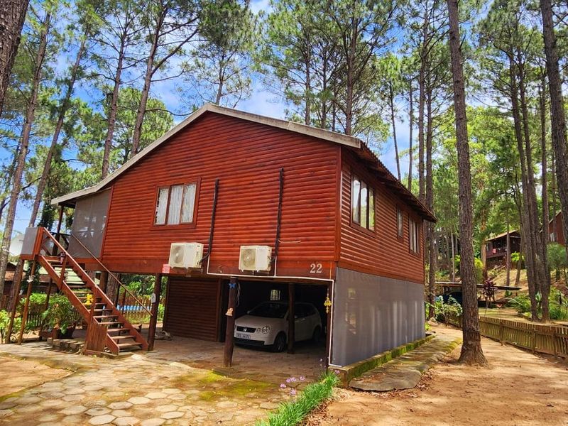 A detached timber-clad townhouse elevated on stilts, featuring an external staircase, under-house parking, and split-system air conditioning units set within a wooded environment.