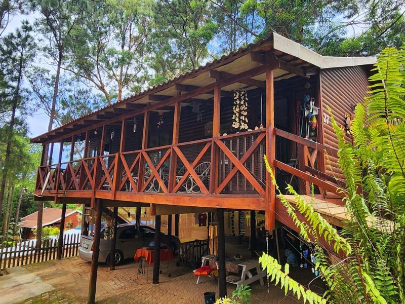 A raised timber townhouse featuring a large covered deck, stilt foundation, and paved driveway area set within a wooded environment.